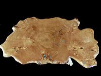 Solid Wood Burl Cottonwood Slab Coffee Table, Turquoise Inlay And Juniper Base. 5 small