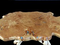 Solid Wood Burl Cottonwood Slab Coffee Table, Turquoise Inlay And Juniper Base. 4 small