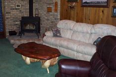 Redwood Slab Coffee Table, Turquoise Stone Inlay, Twisted Juniper Base 1 small