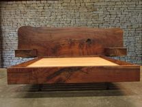Claro Walnut Slab Headboard, Bed, California King Frame And Floating Side Tables 1 small