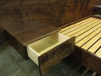 Claro Walnut Slab Headboard, Bed, California King Frame And Floating Side Tables 5 small