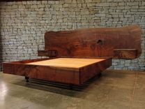 Claro Walnut Slab Headboard, Bed, California King Frame And Floating Side Tables 3 small