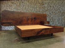 Claro Walnut Slab Headboard, Bed, California King Frame And Floating Side Tables 4 small