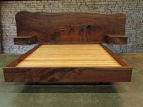 Claro Walnut Slab Headboard, Bed, California King Frame And Floating Side Tables 2 small