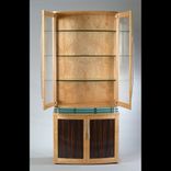 Modern China Cabinet, Art Deco Style Display Cabinet, Quilted Maple, Curved Front, "Levitating" 3 small