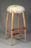 Modern Counter Height Stool, Bar Stool, Carved Solid Wood, Sheepskin Seat, Curly Maple, Bubinga 1 small
