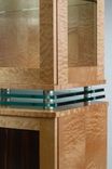 Modern China Cabinet, Art Deco Style Display Cabinet, Quilted Maple, Curved Front, "Levitating" 2 small