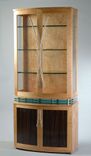 Modern China Cabinet, Art Deco Style Display Cabinet, Quilted Maple, Curved Front, "Levitating" 4 small