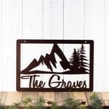 Personalized Hanging Metal Family Name Plaque with Mountains and Pine Trees 1 small