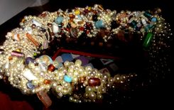 Beaded Wicker Tray Basket Handpainted Faux Pearls S 4 small