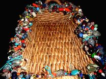 Large Beaded Tray Basket With Handmade Glass Beads Blue Suede Cording 2 small
