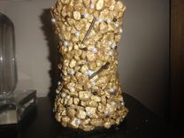 Gold Nugget Vase W/Black & White Pearl Beads 1 small