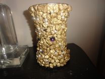 Gold Nugget Vase W/Black & White Pearl Beads 2 small