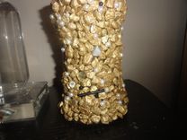Gold Nugget Vase W/Black & White Pearl Beads 3 small