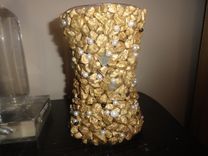 Gold Nugget Vase W/Black & White Pearl Beads 4 small