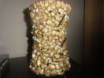 Gold Nugget Vase W/Black & White Pearl Beads 5 small