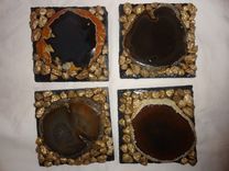 Agate Coasters On Slate W/Gold Nuggets 3 small