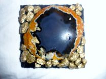 Agate Coasters On Slate W/Gold Nuggets 2 small