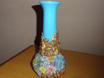 Light Blue Plastic Vase W/Mosaic Tile Gold Nuggets 1 small