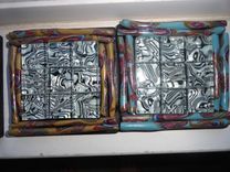 Coasters, Mosaic Black/White Glass, Polymer Clay, Black Art Tile 7 small
