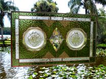 Depression Glass Stained Glass Panel, 1930s Iris And Herringbone Plates 2 small