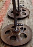 Salvaged Bulldozer Drive Wheel Cover Bar Stool Set 3 small