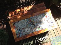 Reclaimed Lumber Inlaid Mosaic Outdoor Patio Table 3 small
