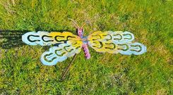 Small Dragonfly Garden Stake Outdoor Sculpture By Raymond Guest 3 small
