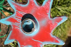 Whimsical Red Metal Flower Outdoor Sculptures Art Artwork Garden Decor 4 small