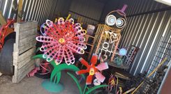 Garden Decor Metal Outdoor Sculptures Red Flower Recycled Yard Art 1 small