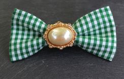 One Of A Kind Removable Bow Tie- Green & White Gingham With Vintage Centerpiece 1 small
