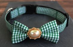 One Of A Kind Removable Bow Tie- Green & White Gingham With Vintage Centerpiece 2 small