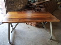 Factory Work Table With Industrial Metal Base And Made From Reclaimed Wood Plank Top 3 small