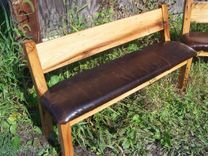 Custom Reclaimed Wood Farm Bench With Relaxed Back And Leather Seat 1 small