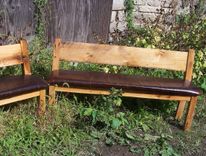 Custom Reclaimed Wood Farm Bench With Relaxed Back And Leather Seat 2 small