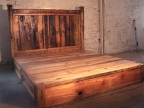 Reclaimed Rustic Pine Platform Bed With Headboard And 4 Drawers 2 small