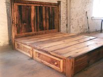 Reclaimed Rustic Pine Platform Bed With Headboard And 4 Drawers 3 small
