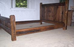 Reclaimed Antique Oak Wood Queen Size Rustic Bed Frame With Beveled Posts 2 small
