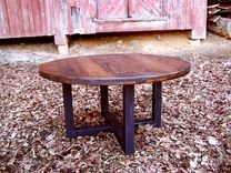 Reclaimed Wood Wormy Chestnut Round Coffee Table With Industrial Metal Base 2 small