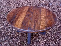 Reclaimed Wood Wormy Chestnut Round Coffee Table With Industrial Metal Base 3 small