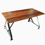 Factory Work Table With Industrial Metal Base And Made From Reclaimed Wood Plank Top 1 small