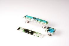 Skyblue With Green Fractures And Streamers Stacked Ivory Fused Glass Cabinet Pull 3 small