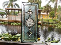 1930s Heisey Depression Glass Stained Glass Panel, Vintage Window Transom W Peerless Plate 9 small