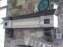 Fireplace Mantel Knotty Alder With Wrought Iron Scrolling And Salvaged Barn Wood 1 small