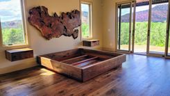 Redwood Burl Headboard W/ Floating Walnut+Redwood Nightstand Cabs, King Bed Frame Walnut+Padauk 4 small