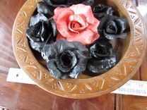 Carved Wood Bowl With Huge Pink Porcelain Rose Surrounded By Black Roses 1 small