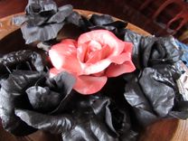 Carved Wood Bowl With Huge Pink Porcelain Rose Surrounded By Black Roses 2 small
