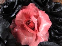 Carved Wood Bowl With Huge Pink Porcelain Rose Surrounded By Black Roses 3 small