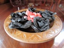Carved Wood Bowl With Huge Pink Porcelain Rose Surrounded By Black Roses 4 small