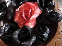 Carved Wood Bowl With Huge Pink Porcelain Rose Surrounded By Black Roses 5 small